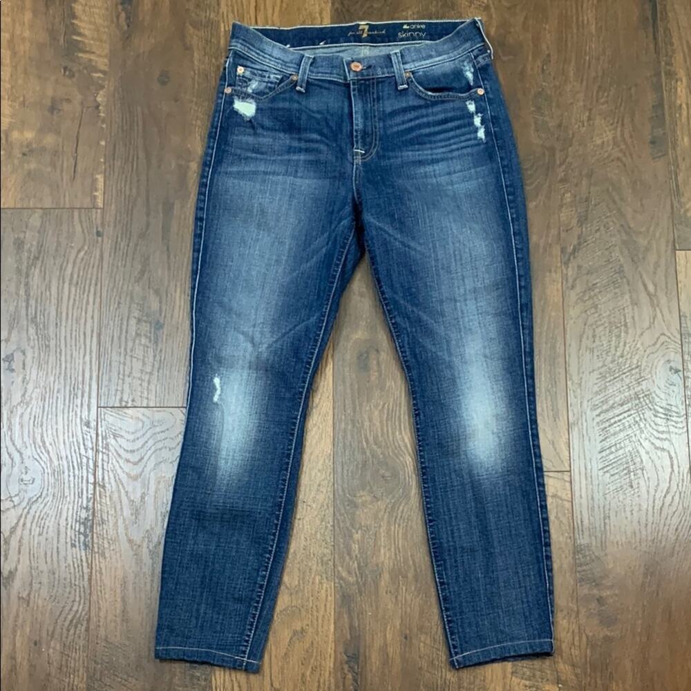 7 For All Mankind The Ankle Skinny Distressed Blue Jeans